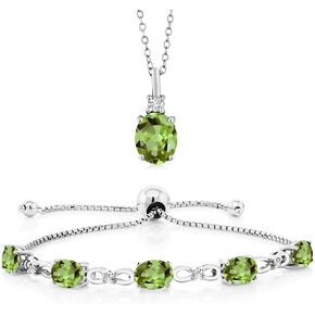 Gem Stone King 925 Sterling Silver Oval Green Peridot and White Lab Grown Diamond Pendant and Bracelet Jewelry Set For Women (6.63 Cttw, Gemstone Birthstone, with 18 Inch Silver Chain)