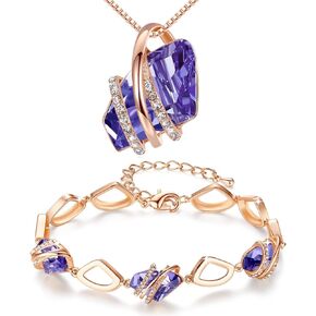 Leafael Wish Stone Necklace and Bracelet Jewelry Set for Women, February Birthstone Tanzanite Purple Crystal Jewelry, Silver Tone Gifts for Women