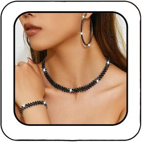 GORAIS Black Rhinestone Necklace Earring Bracelet Set Bridal Wedding Jewelry Sets Formal Costume Jewelry for Women and Brides