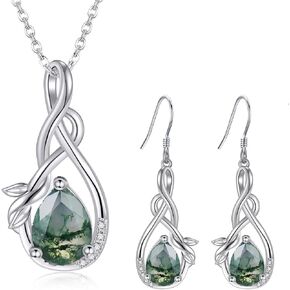 Moss Agate Necklace & Earrings Sterling Silver Natural Moss Agate Teardrop Jewelry for Women Girls