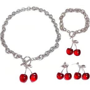3PC Punk Cherry Pendant Jewelry Gothic Silver Chain Cherry Pendant Necklace Earrings Bracelet Women's Punk Jewelry