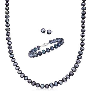 Ross-Simons 7-7.5mm Black Cultured Pearl Jewelry Set: Necklace, Bracelet and Stud Earrings With Sterling Silver. 18 inches