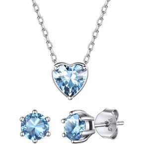 Suplight Dainty 925 Sterling Silver Birthstone Heart Crystal 6 Prong Necklace/Stud Earrings,March Minimalist BirthStone Necklaces Earrings Jewelry for Women (with Gift Box)
