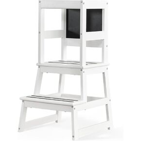 Toddler Kitchen Stool Helper Tower, 4 in 1 Learning Tower Collapsible Kids Step Stool for Bathroom, Child Standing Tower for Toddlers 1-3 with Chalkboard & Safety Rail, Montessori Weaning Table