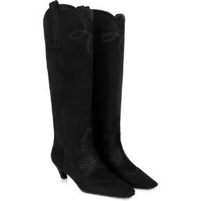 DOEYG Suede Cowboy Knee High Boots for Women Pointed Toe Cowgirl Boots Kitten Heels Western Boots Pull on Wide Calf Tall Boots Fashion Dressy Comfortable Long Boots
