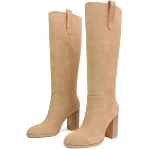 UBWDU Suede Knee High Boots for Women Round Toe Block Chunky Heels Thigh High Boots