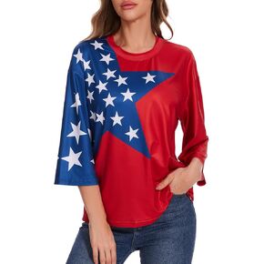 RASPBERRY PUDDING Oversized USA T Shirts for Women American Flag Graphic Tee 3/4 Sleeve Tshirt