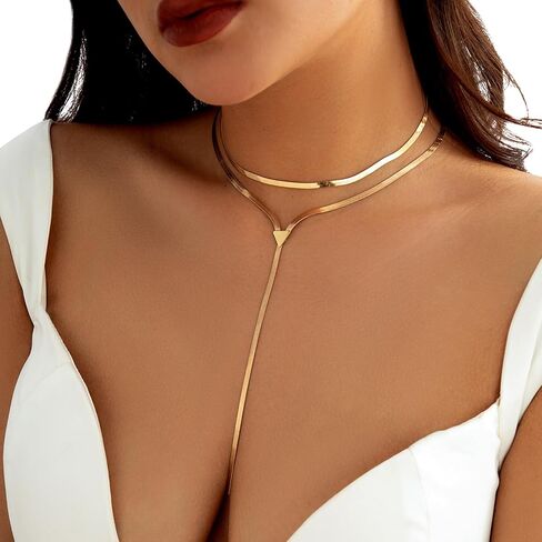 Sexy Metal Double Layer Chain Necklace Vintage Bikini Body Chain Jewelry Link Chain Choker Necklace Summer Statement Collar Clavicle Chain Jewelry for Women in Kuwait
