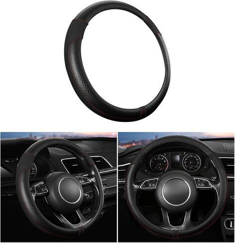 غطاء عجلة قيادة السيارة، واقي عجلة قيادة السيارة من الجلد مضاد للانزلاق وجيد التهوية، ملحقات تزيين داخلية شديدة التحمل، 15 بوصة عالمية لسيارات الدفع الرباعي والشاحنات وRV (أسود) in Kuwait