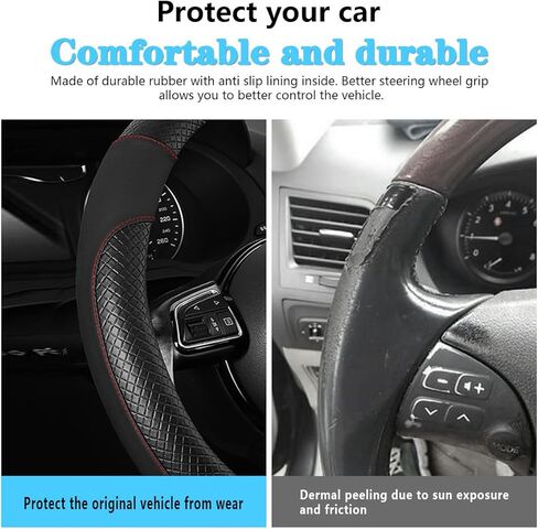 غطاء عجلة قيادة السيارة، واقي عجلة قيادة السيارة من الجلد مضاد للانزلاق وجيد التهوية، ملحقات تزيين داخلية شديدة التحمل، 15 بوصة عالمية لسيارات الدفع الرباعي والشاحنات وRV (أسود) in Kuwait