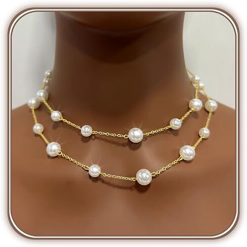 HERSIN Gold Pearl Necklace for Women, 18K Gold Plated Layered Chunky Pearl Necklaces for Women Trendy Double Layered Pearl Choker Necklace Chain Pearl Necklace for Women Gold Jewelry Birthday Gifts in Saudi Arabia