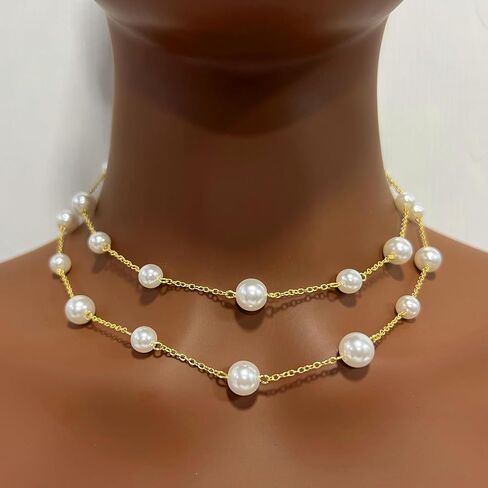 HERSIN Gold Pearl Necklace for Women, 18K Gold Plated Layered Chunky Pearl Necklaces for Women Trendy Double Layered Pearl Choker Necklace Chain Pearl Necklace for Women Gold Jewelry Birthday Gifts in Saudi Arabia