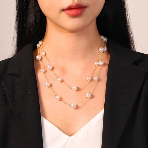 HERSIN Gold Pearl Necklace for Women, 18K Gold Plated Layered Chunky Pearl Necklaces for Women Trendy Double Layered Pearl Choker Necklace Chain Pearl Necklace for Women Gold Jewelry Birthday Gifts in Saudi Arabia