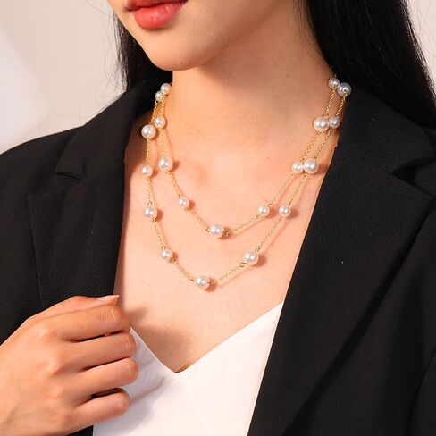 HERSIN Gold Pearl Necklace for Women, 18K Gold Plated Layered Chunky Pearl Necklaces for Women Trendy Double Layered Pearl Choker Necklace Chain Pearl Necklace for Women Gold Jewelry Birthday Gifts in Saudi Arabia