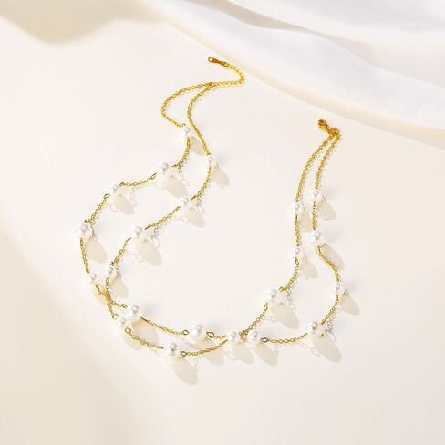 HERSIN Gold Pearl Necklace for Women, 18K Gold Plated Layered Chunky Pearl Necklaces for Women Trendy Double Layered Pearl Choker Necklace Chain Pearl Necklace for Women Gold Jewelry Birthday Gifts in Saudi Arabia