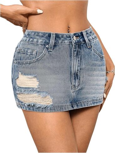 SHENHE Women's Distressed Denim Skirt Low Rise Ripped Bodycon Y2k Jean Mini Skirt in Saudi Arabia