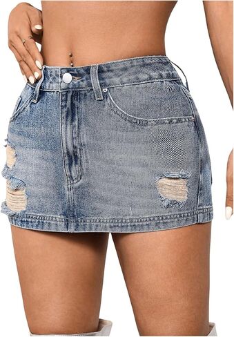 SHENHE Women's Distressed Denim Skirt Low Rise Ripped Bodycon Y2k Jean Mini Skirt in Saudi Arabia