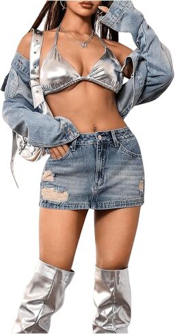 SHENHE Women's Distressed Denim Skirt Low Rise Ripped Bodycon Y2k Jean Mini Skirt in Saudi Arabia
