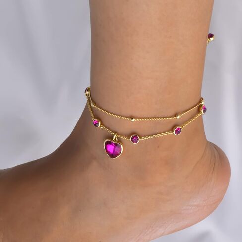 Ankle Bracelets for Women - 14K Gold Anklets for Women Waterproof - Heart Shape Handmade Dainty Layered Rhinestone Anklet - Not Tarnish,Beaded Design,10 Inch for Summer,Beach - Awesome Presents in Saudi Arabia