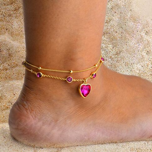 Ankle Bracelets for Women - 14K Gold Anklets for Women Waterproof - Heart Shape Handmade Dainty Layered Rhinestone Anklet - Not Tarnish,Beaded Design,10 Inch for Summer,Beach - Awesome Presents in Saudi Arabia