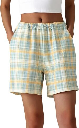 Pajama Shorts Women Cotton Plaid Pajama Bottoms with Pockets Sleep Pj Shorts Elastic Waist Lounge Wear Casual in Saudi Arabia