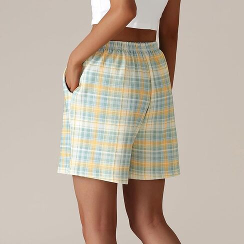 Pajama Shorts Women Cotton Plaid Pajama Bottoms with Pockets Sleep Pj Shorts Elastic Waist Lounge Wear Casual in Saudi Arabia