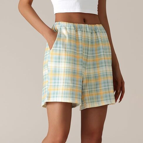 Pajama Shorts Women Cotton Plaid Pajama Bottoms with Pockets Sleep Pj Shorts Elastic Waist Lounge Wear Casual in Saudi Arabia