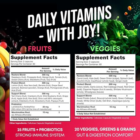 Fruits and Veggies Supplement - High Fiber Supplement for Immunity, Gut & Energy - Super Reds & Super Greens Supplements with Marshmallow Root - 240 Reds and Super Greens Powder Superfood Capsules in Saudi Arabia