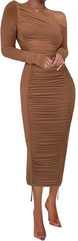 Women Sexy Mesh Maxi Dress Off Shoulder Long Sleeve Bodycon Ruched y2k Club Party Concert Night Rave Outfits in Saudi Arabia