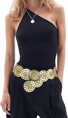 Wide Disc Belt for Women Vintage Boho Concho Leather Hollow Belt Western Waist Belt in Kuwait
