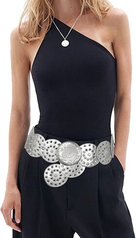 Wide Disc Belt for Women Vintage Boho Concho Leather Hollow Belt Western Waist Belt in Kuwait