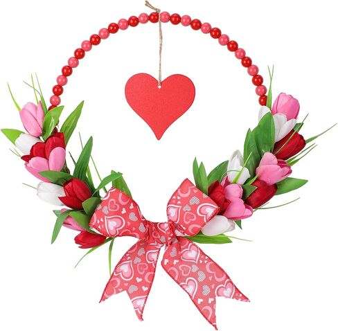 إكليل عيد الحب الوردي للباب الأمامي - أكاليل عيد الحب الخشبية المطرزة مع القوس لنافذة حفل خطوبة الزفاف، إكليل توليب وردي مقاس 33 سم مع قلب أحمر معلق لديكور جدار المنزل في فصل الربيع in Kuwait
