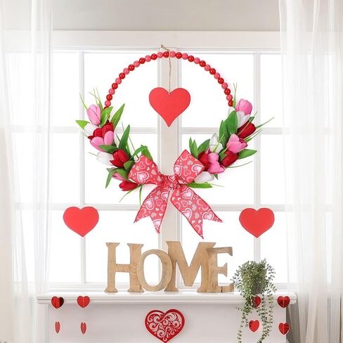 إكليل عيد الحب الوردي للباب الأمامي - أكاليل عيد الحب الخشبية المطرزة مع القوس لنافذة حفل خطوبة الزفاف، إكليل توليب وردي مقاس 33 سم مع قلب أحمر معلق لديكور جدار المنزل في فصل الربيع in Kuwait