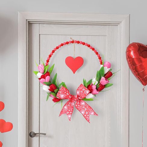 إكليل عيد الحب الوردي للباب الأمامي - أكاليل عيد الحب الخشبية المطرزة مع القوس لنافذة حفل خطوبة الزفاف، إكليل توليب وردي مقاس 33 سم مع قلب أحمر معلق لديكور جدار المنزل في فصل الربيع in Kuwait