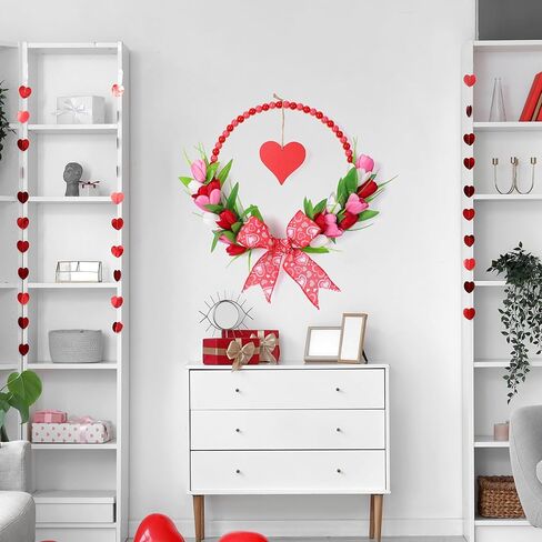 إكليل عيد الحب الوردي للباب الأمامي - أكاليل عيد الحب الخشبية المطرزة مع القوس لنافذة حفل خطوبة الزفاف، إكليل توليب وردي مقاس 33 سم مع قلب أحمر معلق لديكور جدار المنزل في فصل الربيع in Kuwait