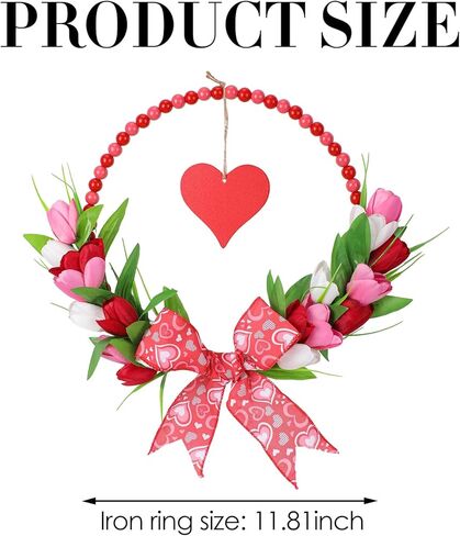 إكليل عيد الحب الوردي للباب الأمامي - أكاليل عيد الحب الخشبية المطرزة مع القوس لنافذة حفل خطوبة الزفاف، إكليل توليب وردي مقاس 33 سم مع قلب أحمر معلق لديكور جدار المنزل في فصل الربيع in Kuwait