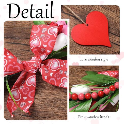 إكليل عيد الحب الوردي للباب الأمامي - أكاليل عيد الحب الخشبية المطرزة مع القوس لنافذة حفل خطوبة الزفاف، إكليل توليب وردي مقاس 33 سم مع قلب أحمر معلق لديكور جدار المنزل في فصل الربيع in Kuwait