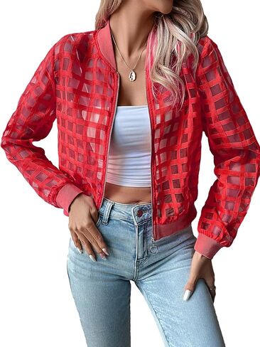 Floerns Women's Hollow Out Long Sleeve Baseball Collar Zip Up Bomber Jacket in Saudi Arabia