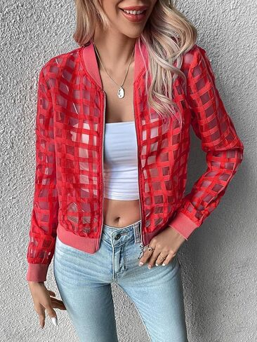 Floerns Women's Hollow Out Long Sleeve Baseball Collar Zip Up Bomber Jacket in Saudi Arabia