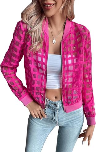 Floerns Women's Hollow Out Long Sleeve Baseball Collar Zip Up Bomber Jacket in Saudi Arabia