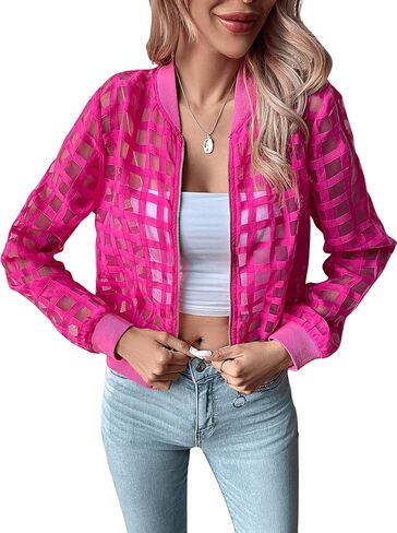 Floerns Women's Hollow Out Long Sleeve Baseball Collar Zip Up Bomber Jacket in Saudi Arabia