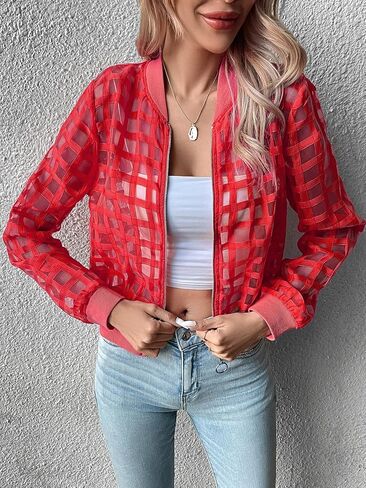Floerns Women's Hollow Out Long Sleeve Baseball Collar Zip Up Bomber Jacket in Saudi Arabia