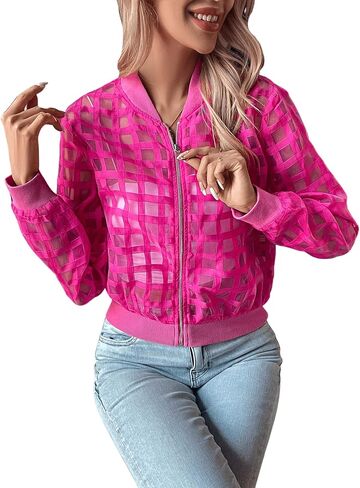 Floerns Women's Hollow Out Long Sleeve Baseball Collar Zip Up Bomber Jacket in Saudi Arabia