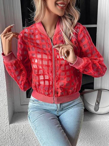 Floerns Women's Hollow Out Long Sleeve Baseball Collar Zip Up Bomber Jacket in Saudi Arabia