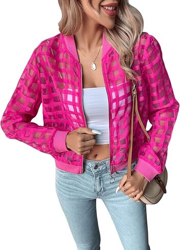 Floerns Women's Hollow Out Long Sleeve Baseball Collar Zip Up Bomber Jacket in Saudi Arabia