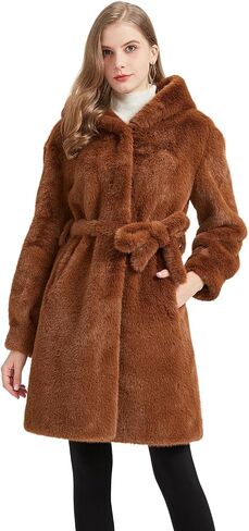 GRAN ORIENTE Faux Mink Fur Long Winter Warm Cardigan Coat With Hood,Women Fuzzy Loose Overcoat with Pockets in Saudi Arabia