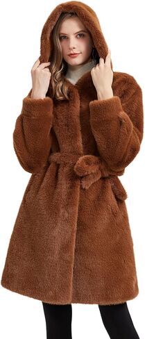 GRAN ORIENTE Faux Mink Fur Long Winter Warm Cardigan Coat With Hood,Women Fuzzy Loose Overcoat with Pockets in Saudi Arabia