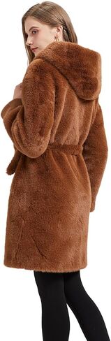 GRAN ORIENTE Faux Mink Fur Long Winter Warm Cardigan Coat With Hood,Women Fuzzy Loose Overcoat with Pockets in Saudi Arabia