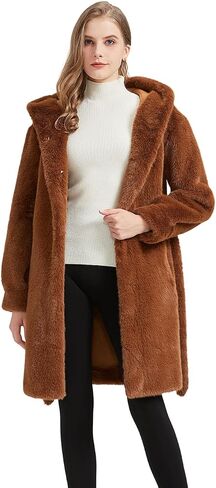 GRAN ORIENTE Faux Mink Fur Long Winter Warm Cardigan Coat With Hood,Women Fuzzy Loose Overcoat with Pockets in Saudi Arabia