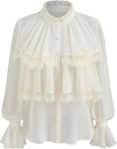 CIDER Chiffon High Neck Soild Lace Faux Pearl Long Sleeve Blouse in Saudi Arabia